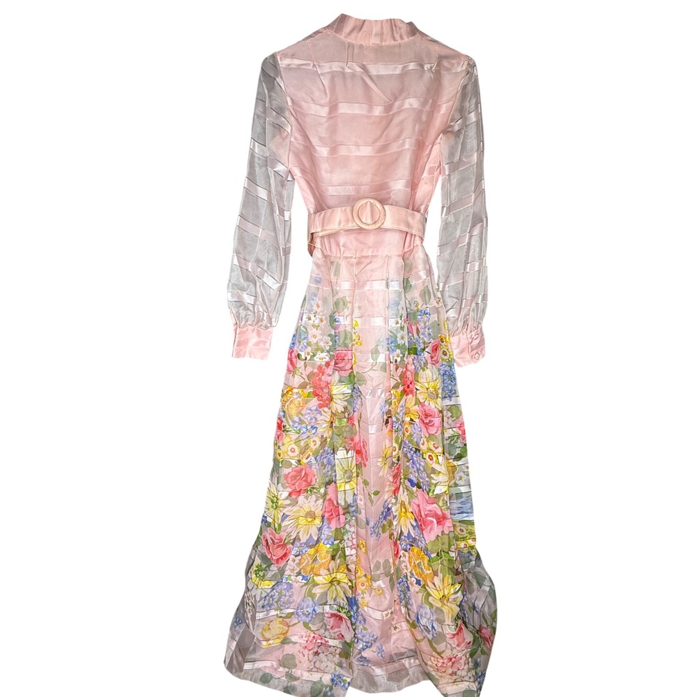 Vintage Pink Shadow Stripe Floral Maxi Dress Belted Sheer Long Sleeve Pink M